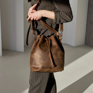 Vintage Distressed Leather Drawstring Bucket Crossbody Shoulder Bag