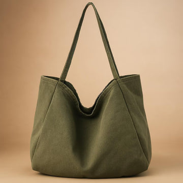 Vintage Washed Olive Canvas Minimalist Slouchy Shoulder Tote Bag