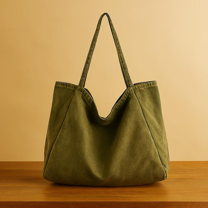 Vintage Washed Olive Canvas Minimalist Slouchy Shoulder Tote Bag