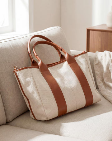 Vegan Leather Trim Water Resistant Canvas Large Daily Shoulder Tote Bag