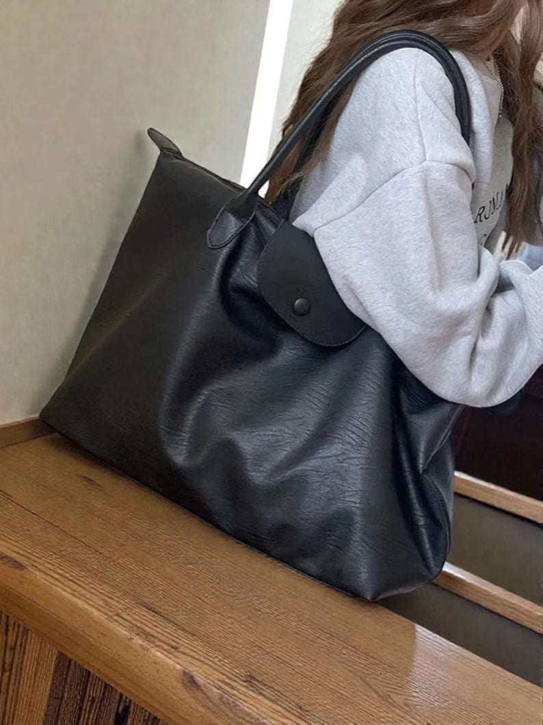 Magnetic Button PU Leather Large Square Travel Shoulder Tote Bag