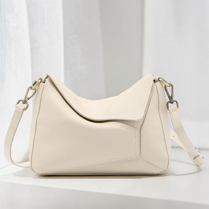 First-Layer Cowhide Geometric Patchwork Adjustable Strap Hobo Crossbody Bag
