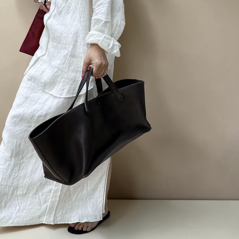 Premium Cowhide Structured Large Capacity Work Shopper Tote Bag