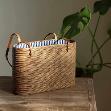 Handwoven Rattan Drawstring Lining Large Shopper Shoulder Bag