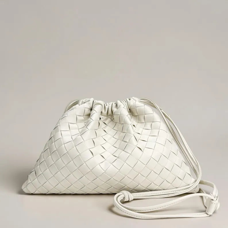 Hand Woven Leather Drawstring Pouch Crossbody Bag