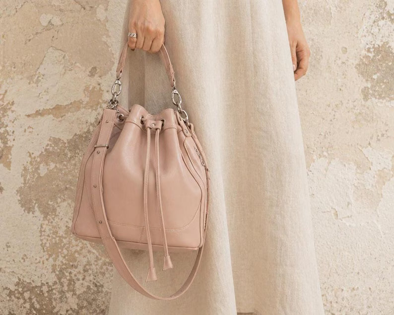 Soft Pink Smooth Leather Drawstring Bucket Bag