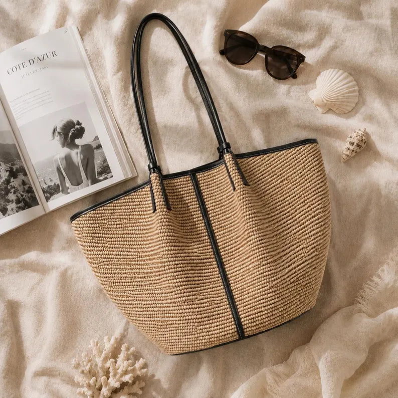 Minimalist Woven Straw Large Capacity Adjustable Strap Shoulder Tote Bag