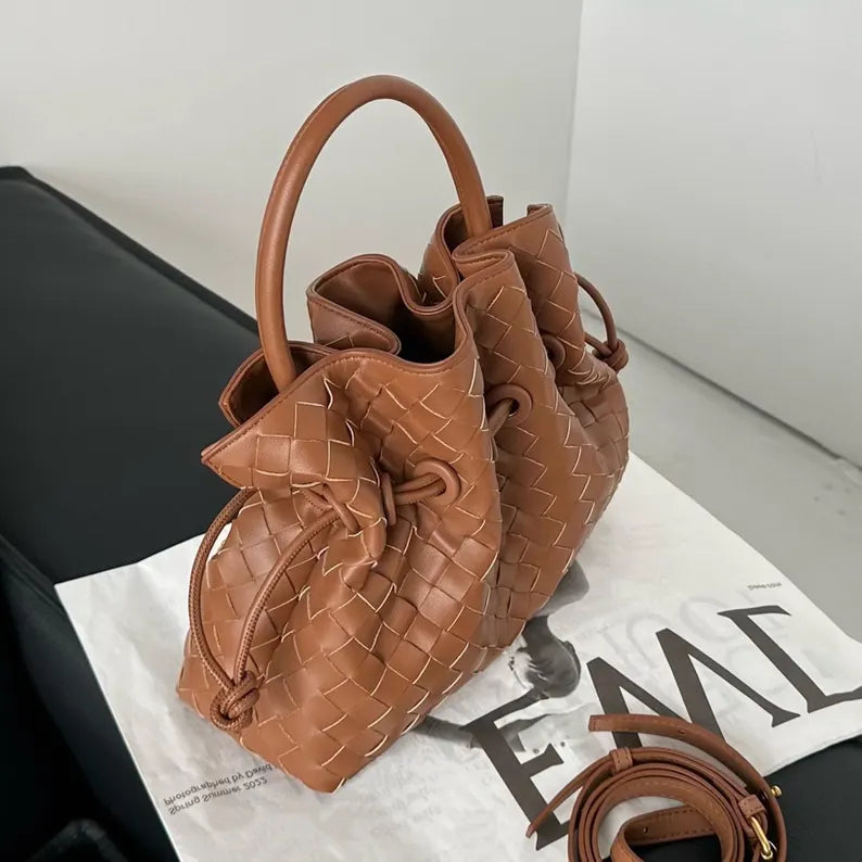 Hand Woven Leather Drawstring Bucket Handbag