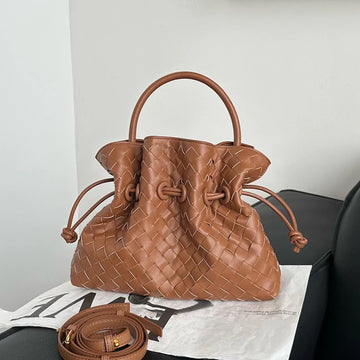 Hand Woven Leather Drawstring Bucket Handbag