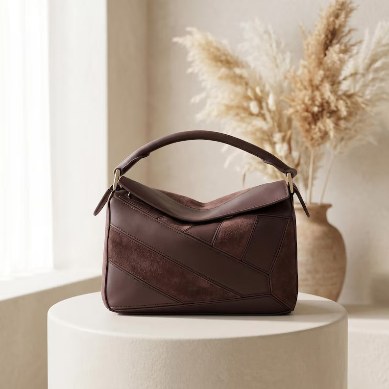 Nubuck Cowhide Geometric Patchwork Retro Fold Top Handle Handbag