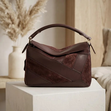 Nubuck Cowhide Geometric Patchwork Retro Fold Top Handle Handbag