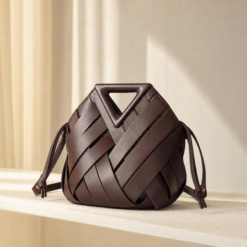 Hand Woven Leather Triangle Handle Drawstring Bucket Crossbody Bag