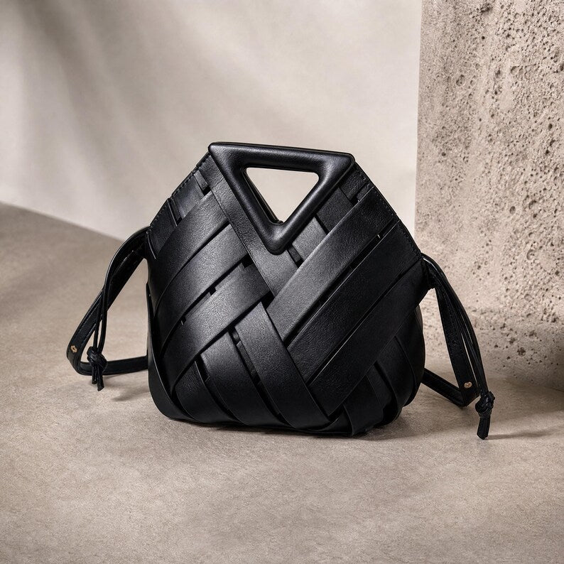 Hand Woven Leather Triangle Handle Drawstring Bucket Crossbody Bag