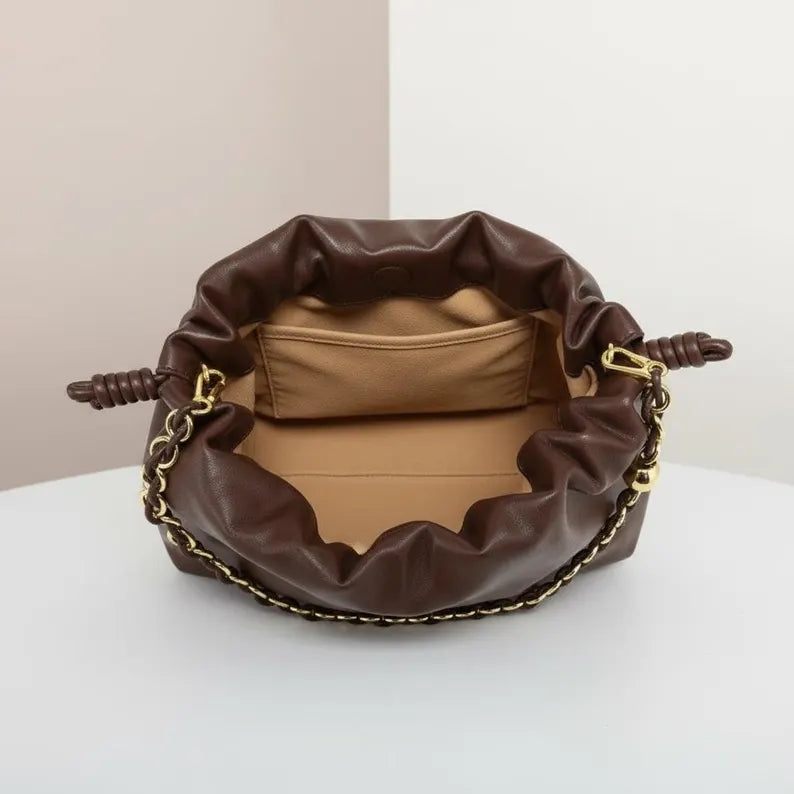 Gathered Drawstring Genuine Leather Cloud Shoulder Bag