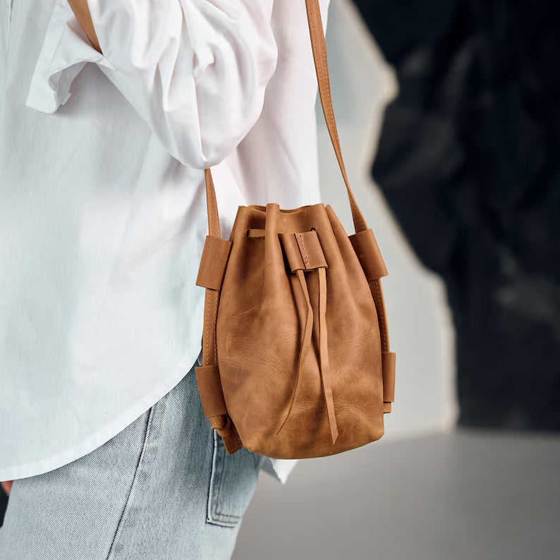 Mini Crazy Horse Leather Drawstring Bucket Crossbody Pouch Bag