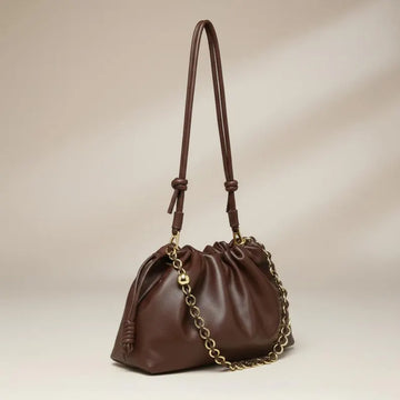 Gathered Drawstring Genuine Leather Cloud Shoulder Bag