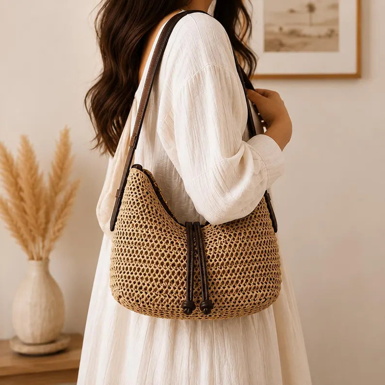 Open Weave Raffia Hobo Shoulder Bag