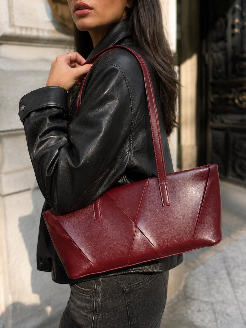 Geometric Pleated Vegan Leather Zipper Shoulder Tote Bag