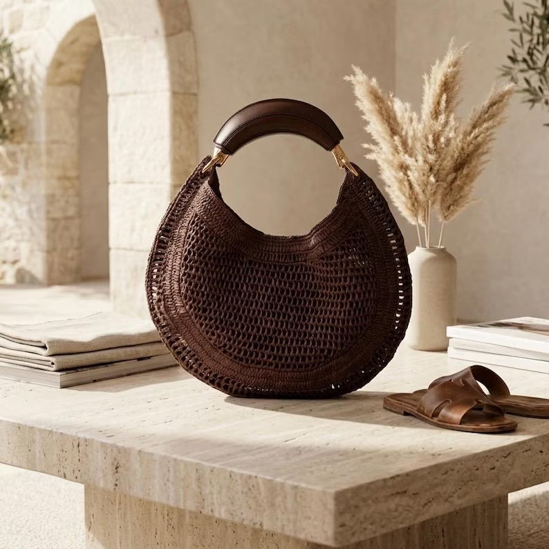 Open Weave Straw Crescent Tote Bag With Vegan Leather Top Handle