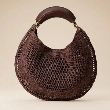 Open Weave Straw Crescent Tote Bag With Vegan Leather Top Handle